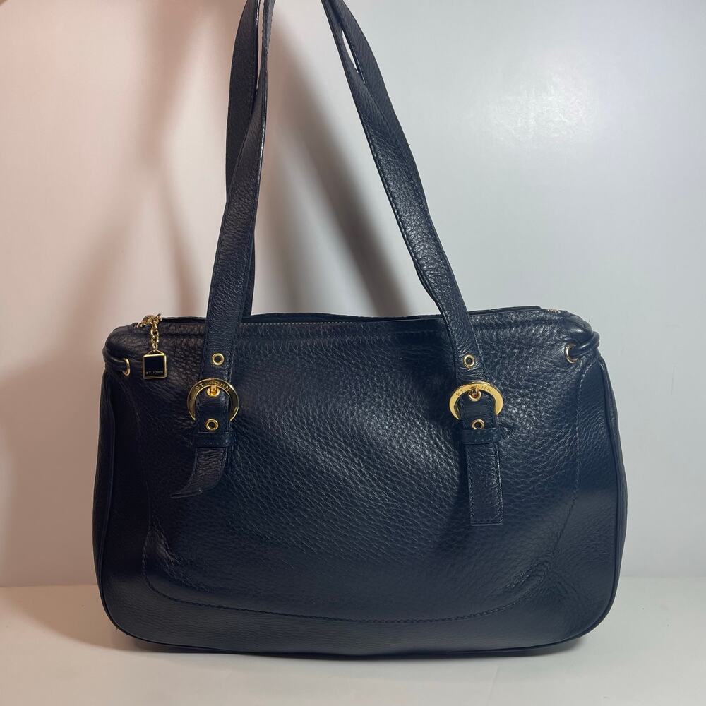 St. John Dark Navy Blue Pebbled Leather Shoulder Bag Handbag Purse
